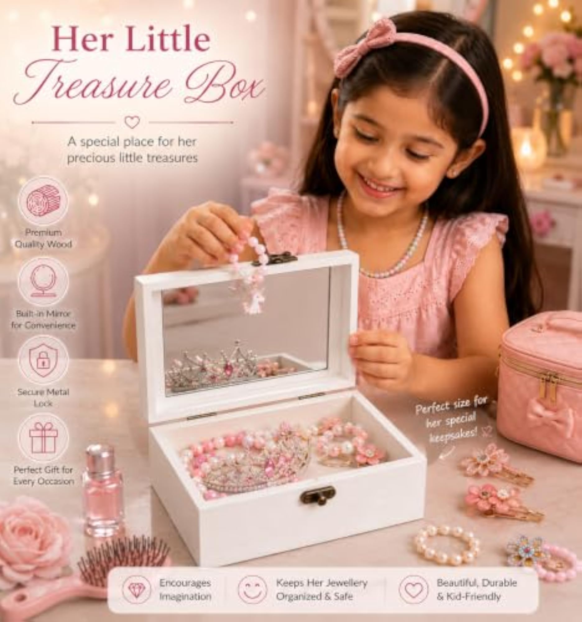 Wooden Jewelry Box with Mirror & Lock for Women
